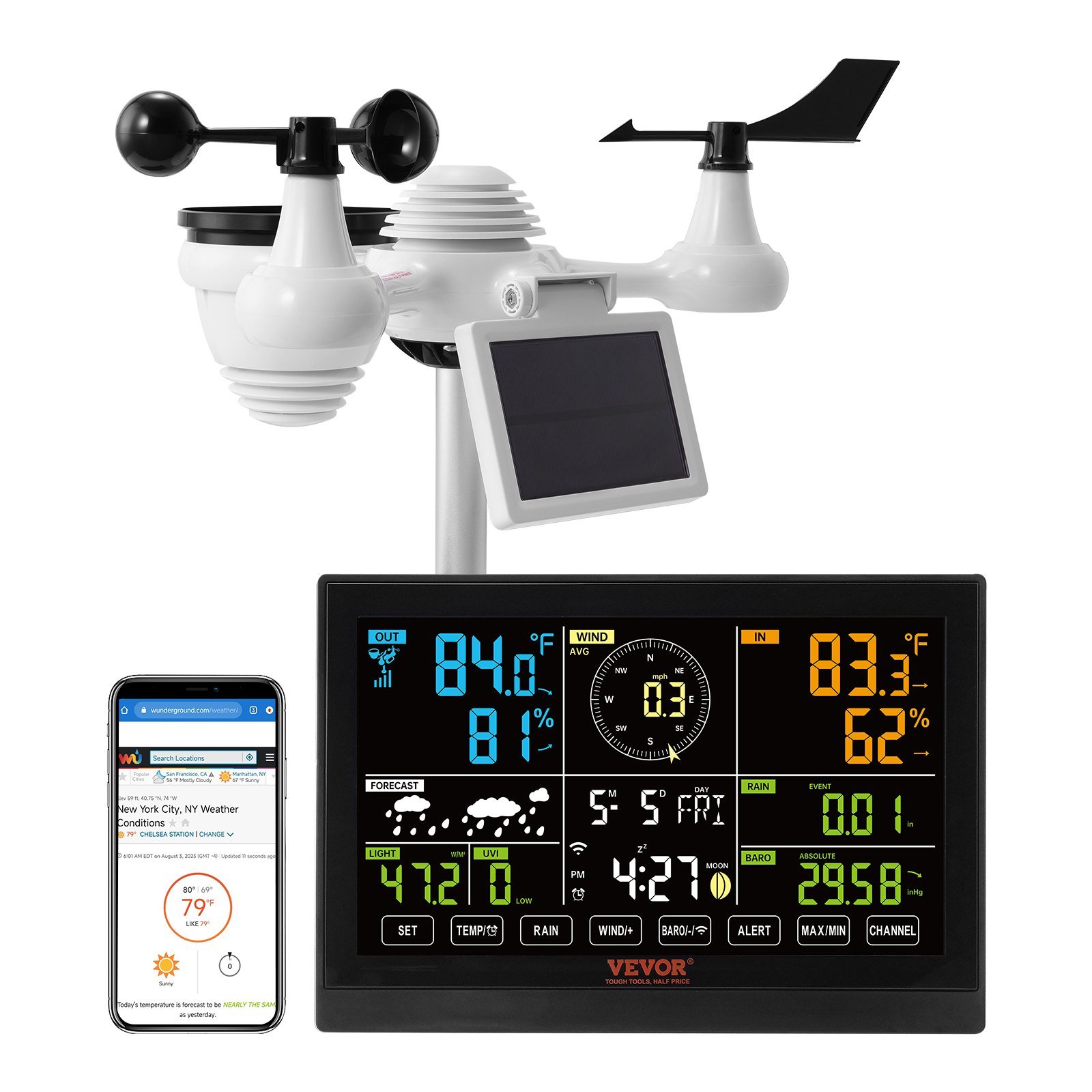 VEVOR 7-in-1 Wi-Fi Weather Station, 7.5 in Color Display, Home Weather Station Indoor Outdoor, with 