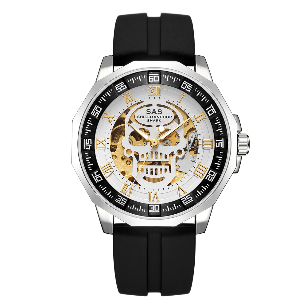 Shark Sports Watch Men Fashion 3D Skull Design SAS Shield Anchor Vintage Mechanical Watches Silicone