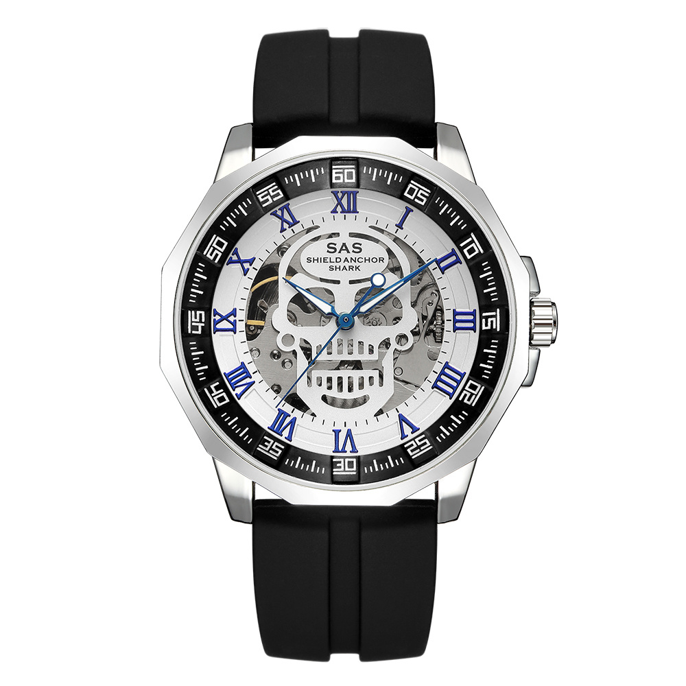 Shark Sports Watch Men Fashion 3D Skull Design SAS Shield Anchor Vintage Mechanical Watches Silicone