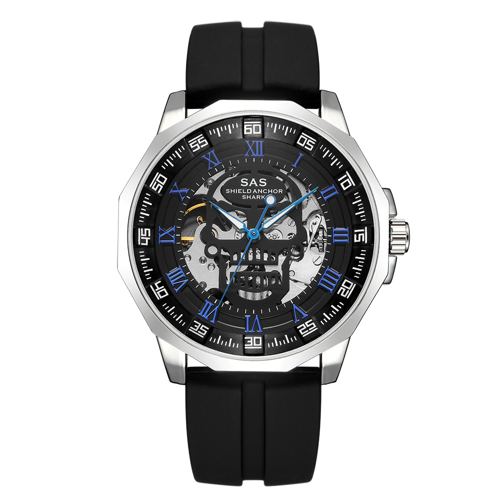 Shark Sports Watch Men Fashion 3D Skull Design SAS Shield Anchor Vintage Mechanical Watches Silicone