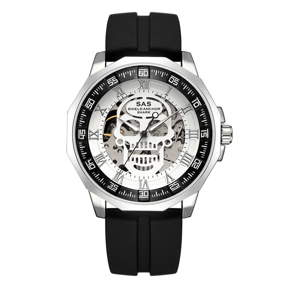 Shark Sports Watch Men Fashion 3D Skull Design SAS Shield Anchor Vintage Mechanical Watches Silicone