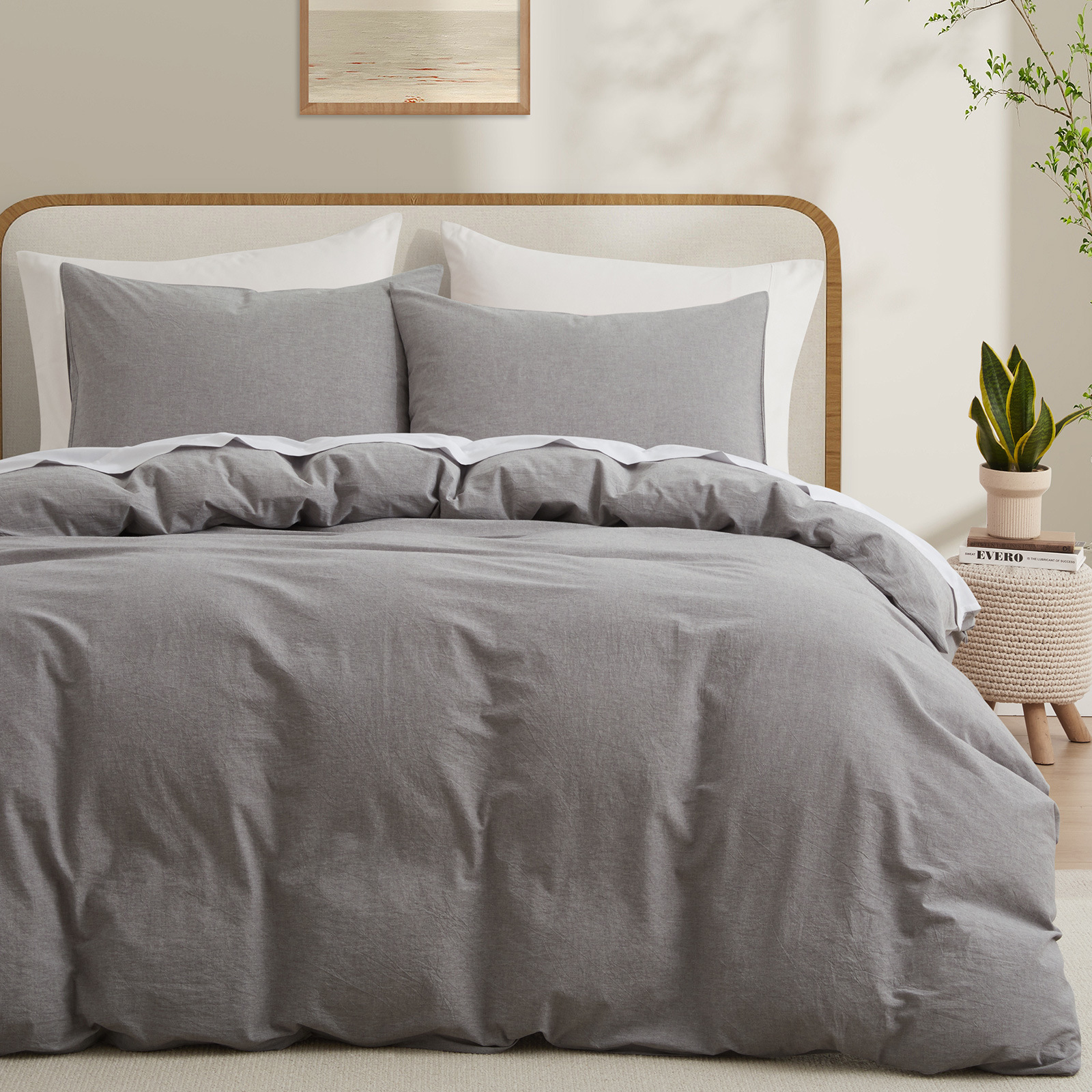 100% Washed Cotton Duvet Cover Set, Durable Fade-Resistant Natural Bedding Set (No Comforter)