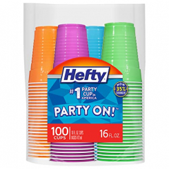 Hefty Party On Disposable Plastic Cups, Assorted, 16 Ounce, 100 Count