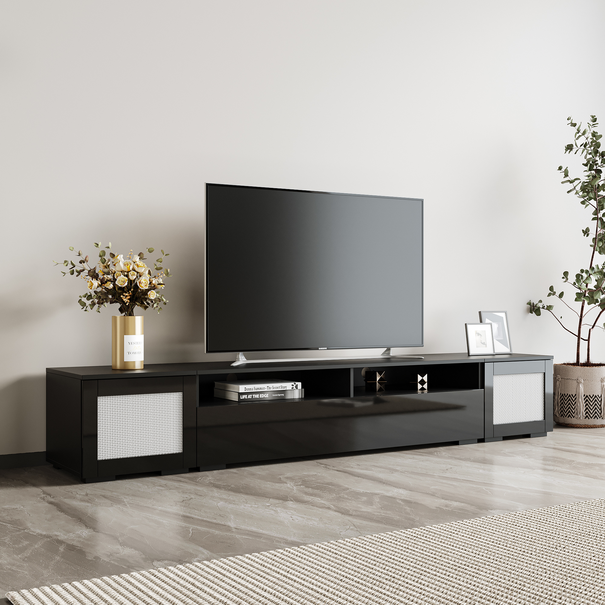 ON-TREND Rattan Style Entertainment Center with Push to Open Doors, 3-pics Extended TV Console Table