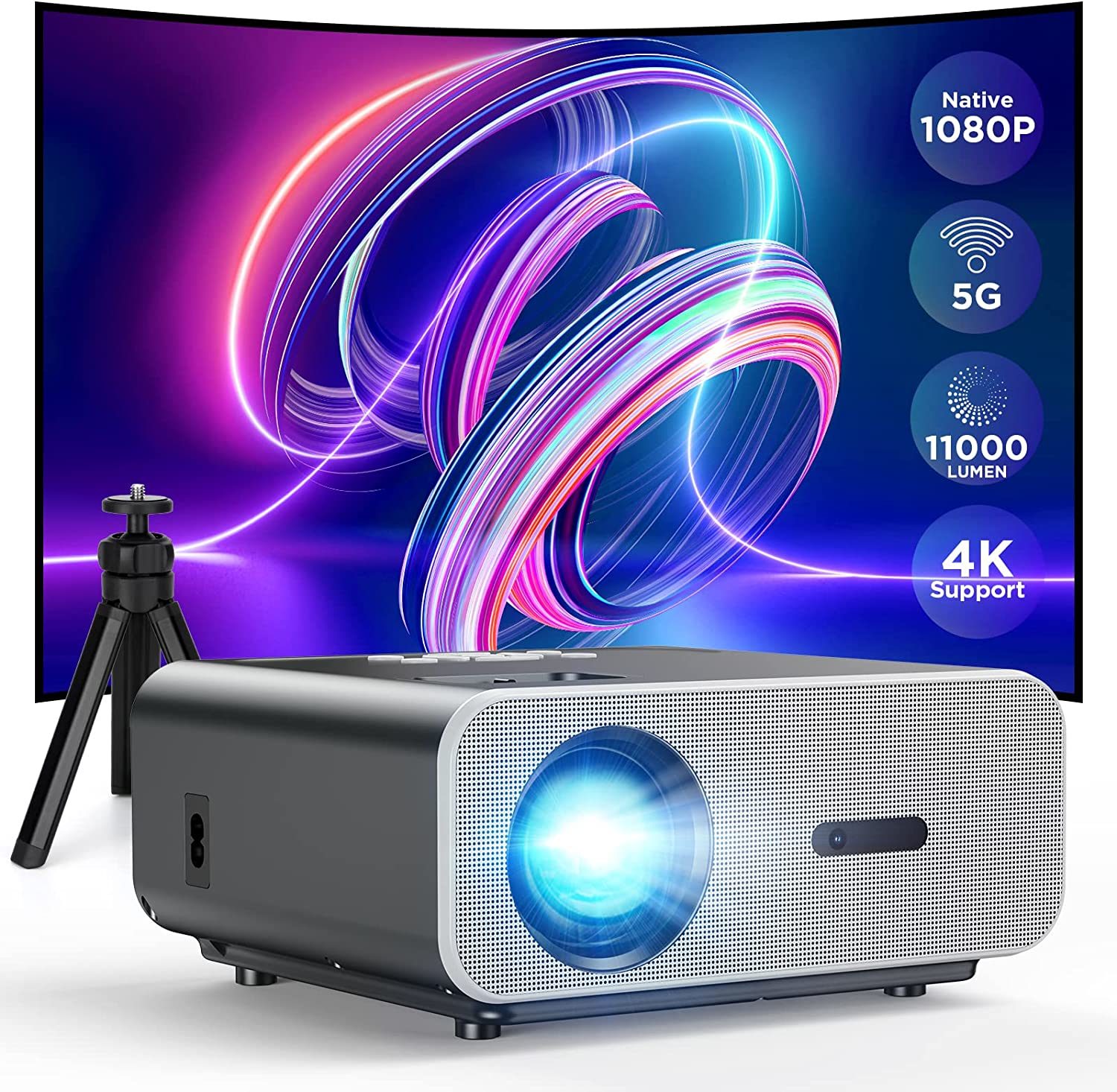 Projector with 5G WiFi and Bluetooth, VACASSO Native 1080P Portable Projector 4K Supported with Trip