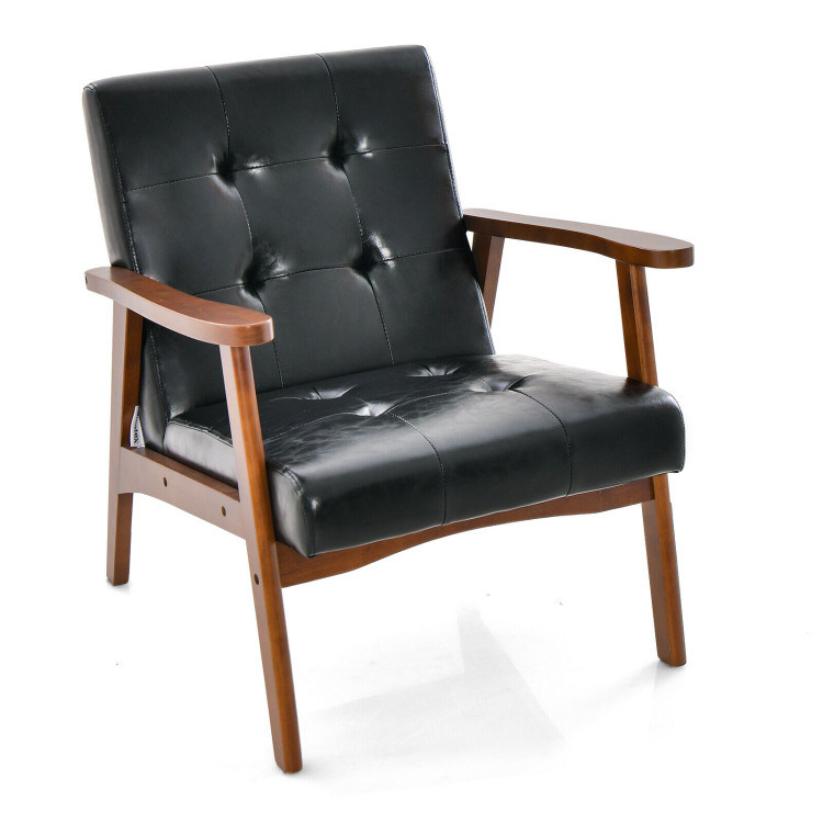 Mid Century Modern Accent Chair with Solid Rubber Wood Frame and Leather Cover