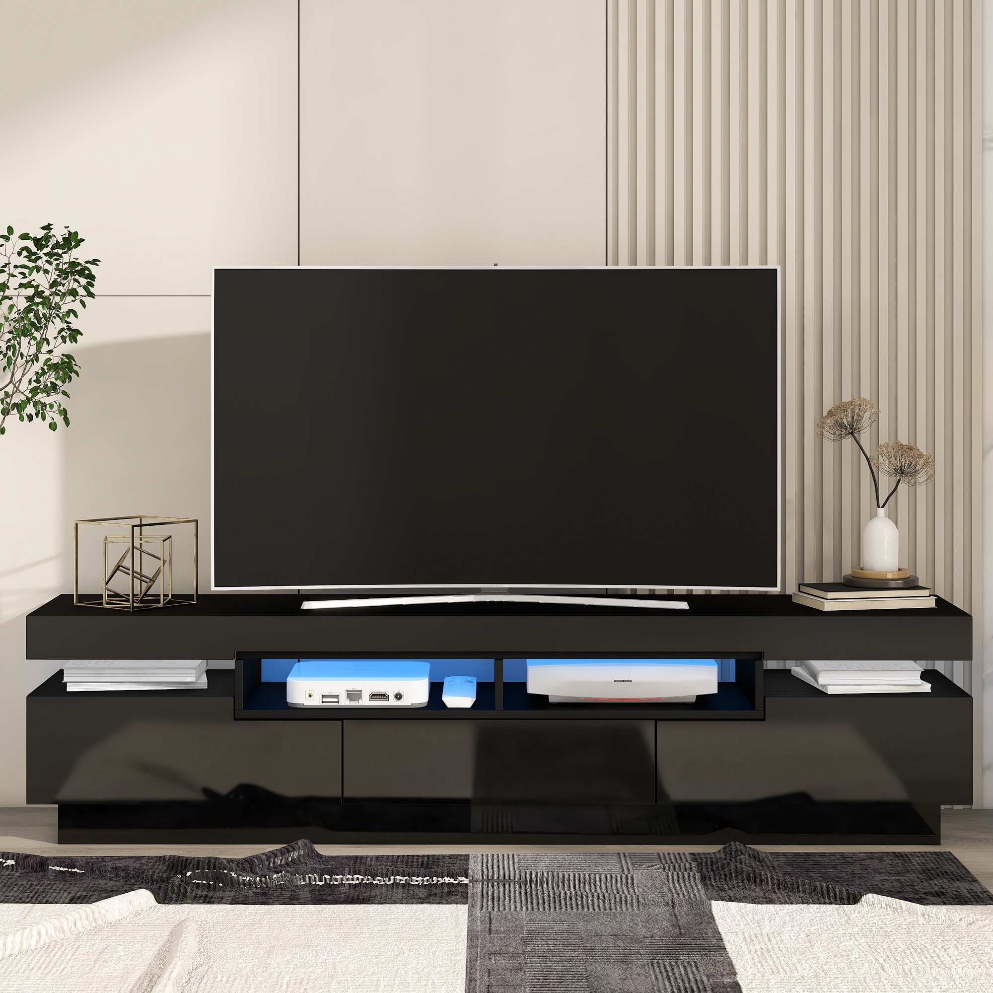 On-Trend TV Stand with 4 Open Shelves, Modern High Gloss Entertainment Center for 75 Inch TV, Univer