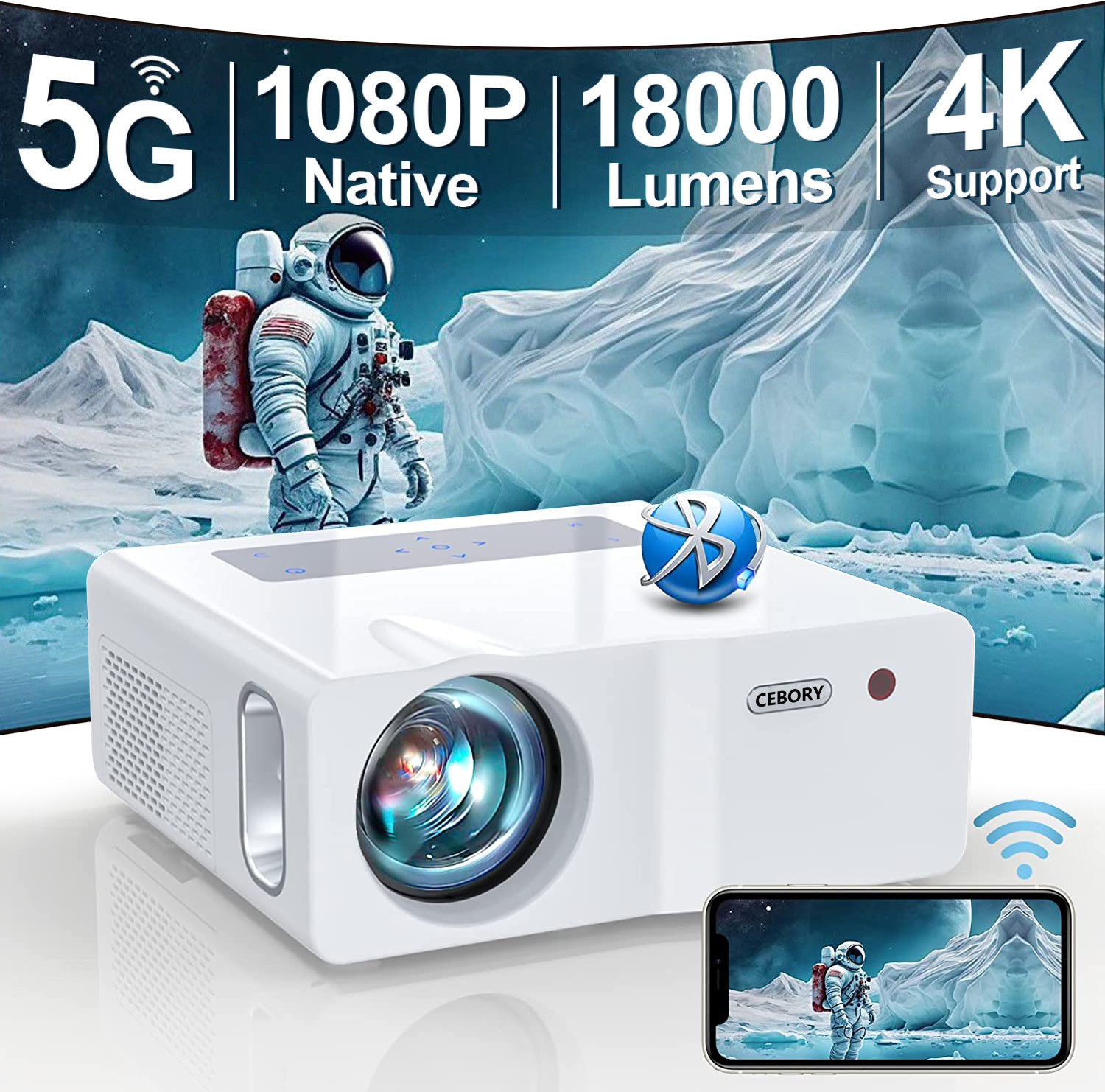 Native 1080P 5G WiFi Bluetooth Projector,18000LM 450 ANSI Outdoor Movie Projector 4K Support and Max