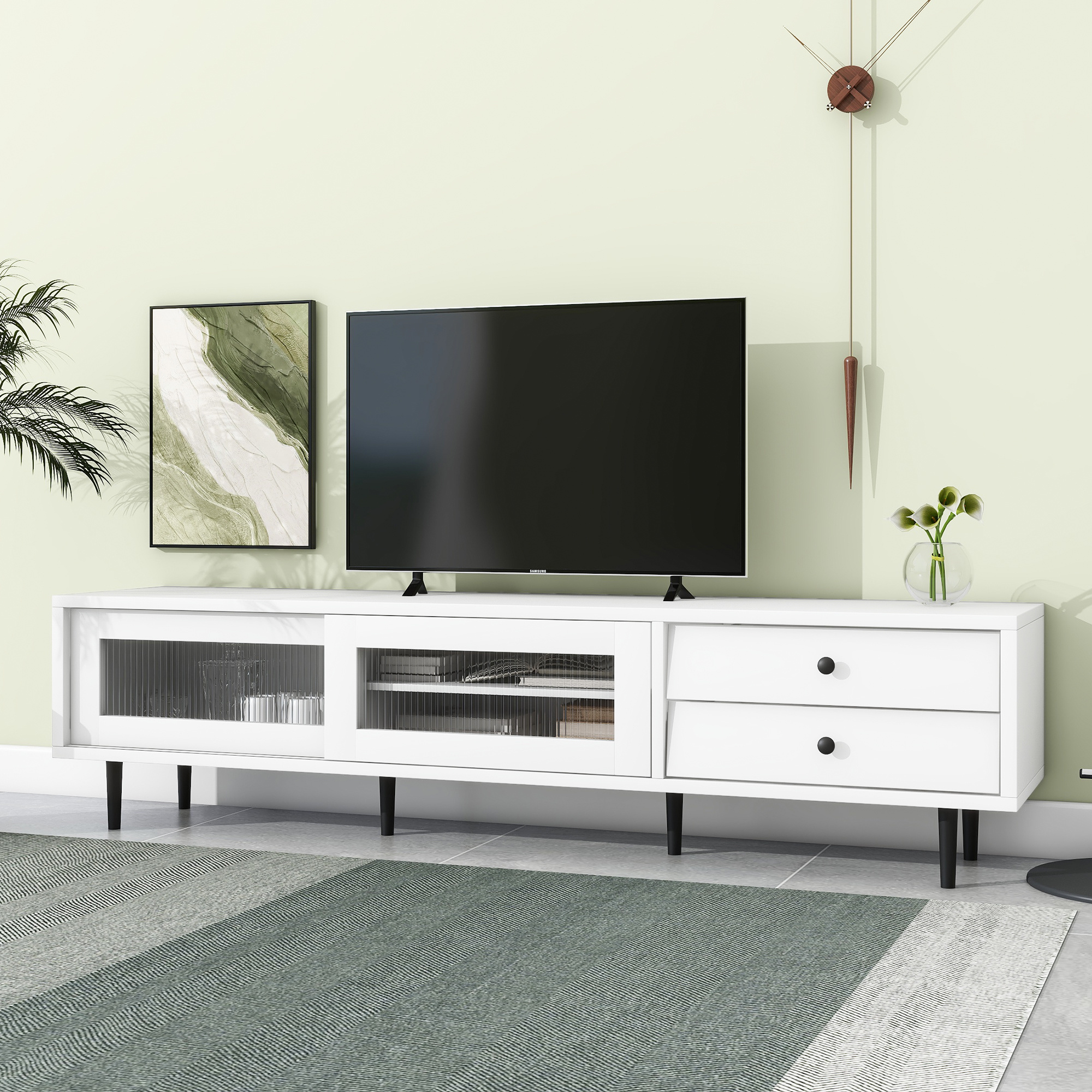 ON-TREND Chic Elegant Design TV Stand with Sliding Fluted Glass Doors, Slanted Drawers Media Console