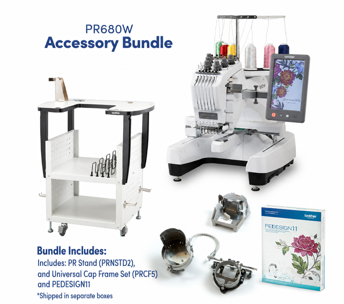 PR680 Embroidered accessory bundle Brother Entrepreneur W PR680WBNDL 6-Needle Embroidery Machine with Stand, Universal Cap Frame Set and PE-Design 11 Software - Image 1
